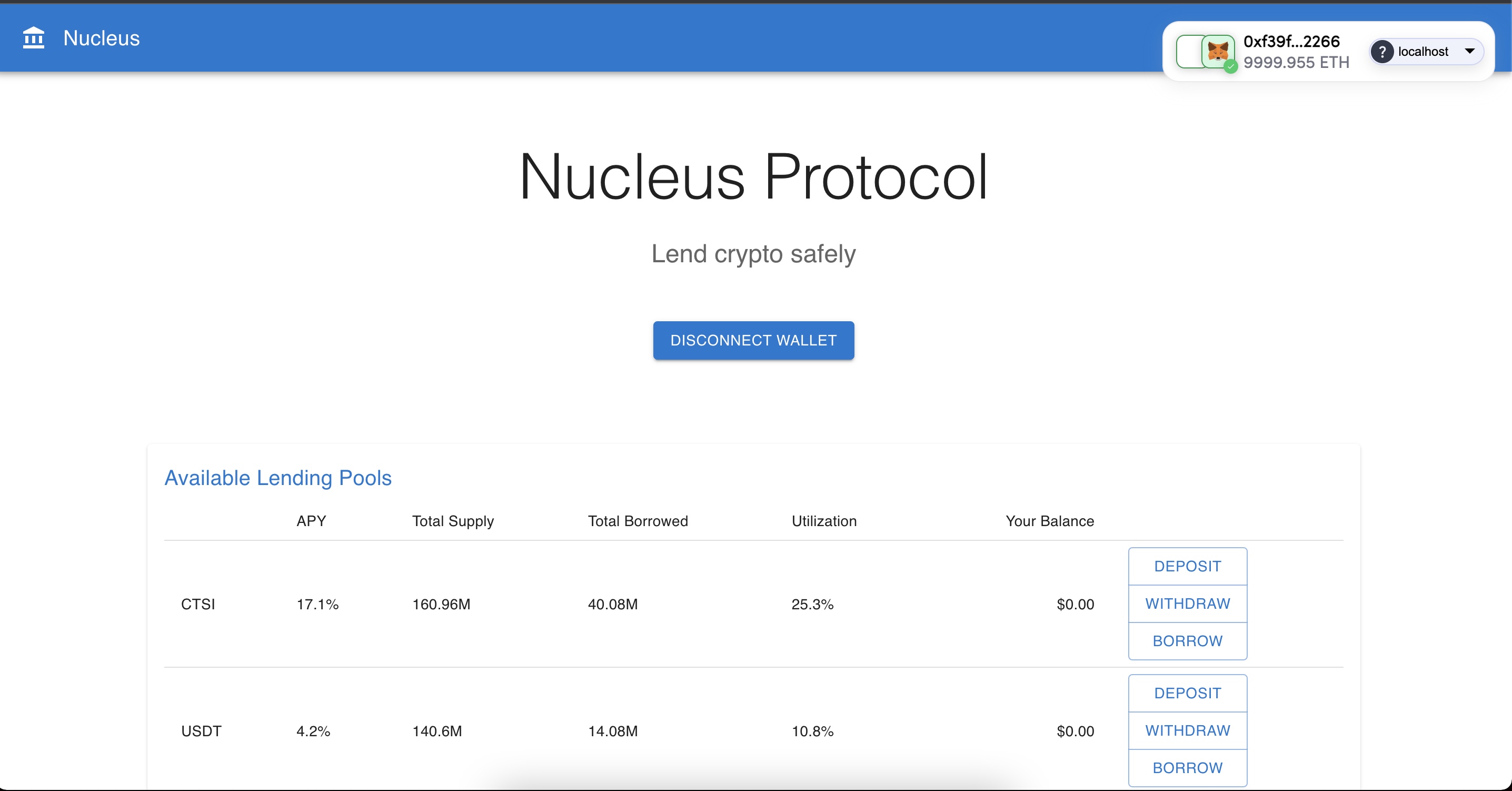 Nucleus DeFi Lending Protocol - Your Balance | Built with Cartesi Rollups