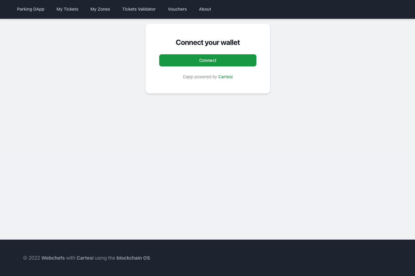 Webchefs Parking DApp - Connect wallet | Built with Cartesi Rollups