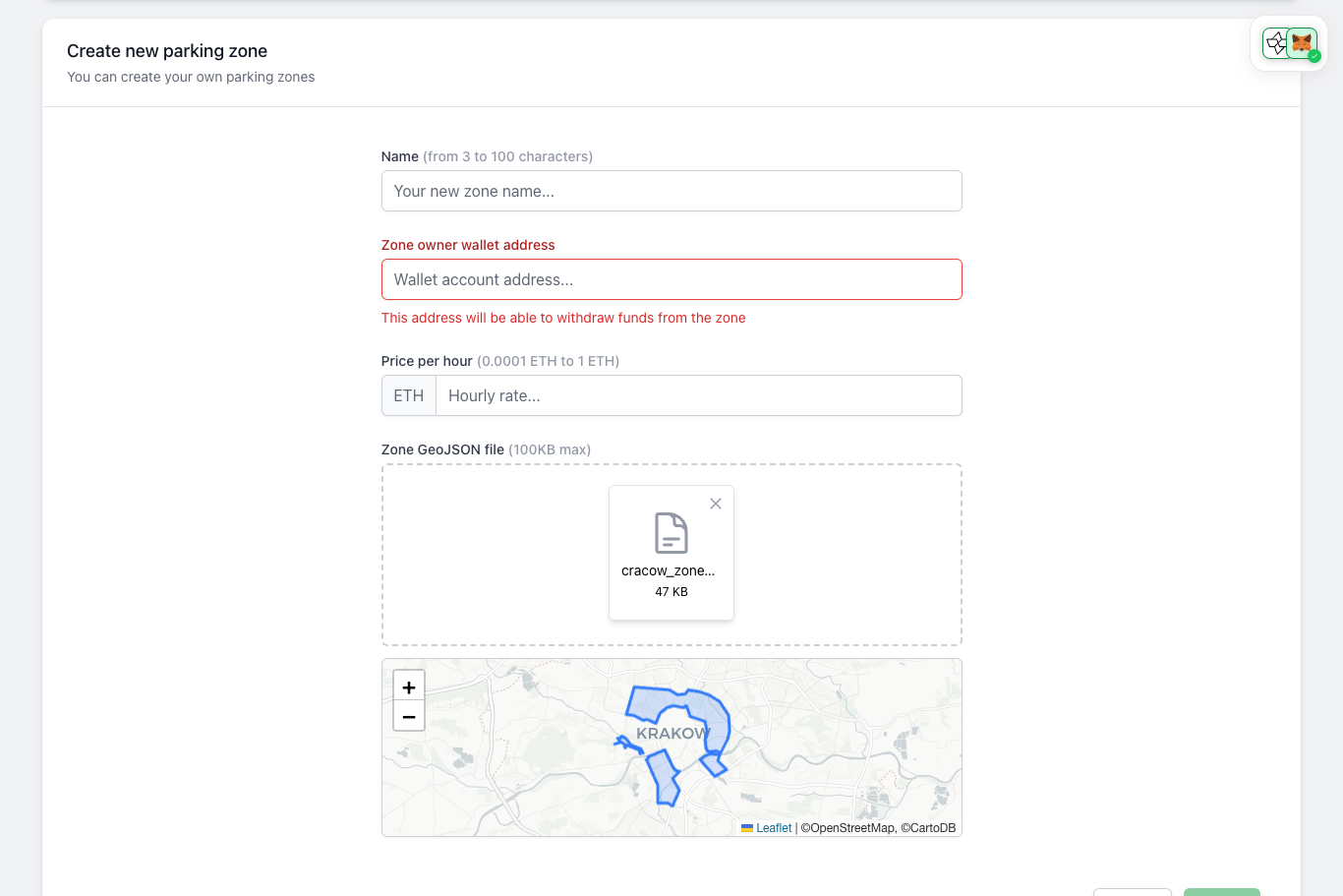 Webchefs Parking DApp - Create parking zone | Built with Cartesi Rollups